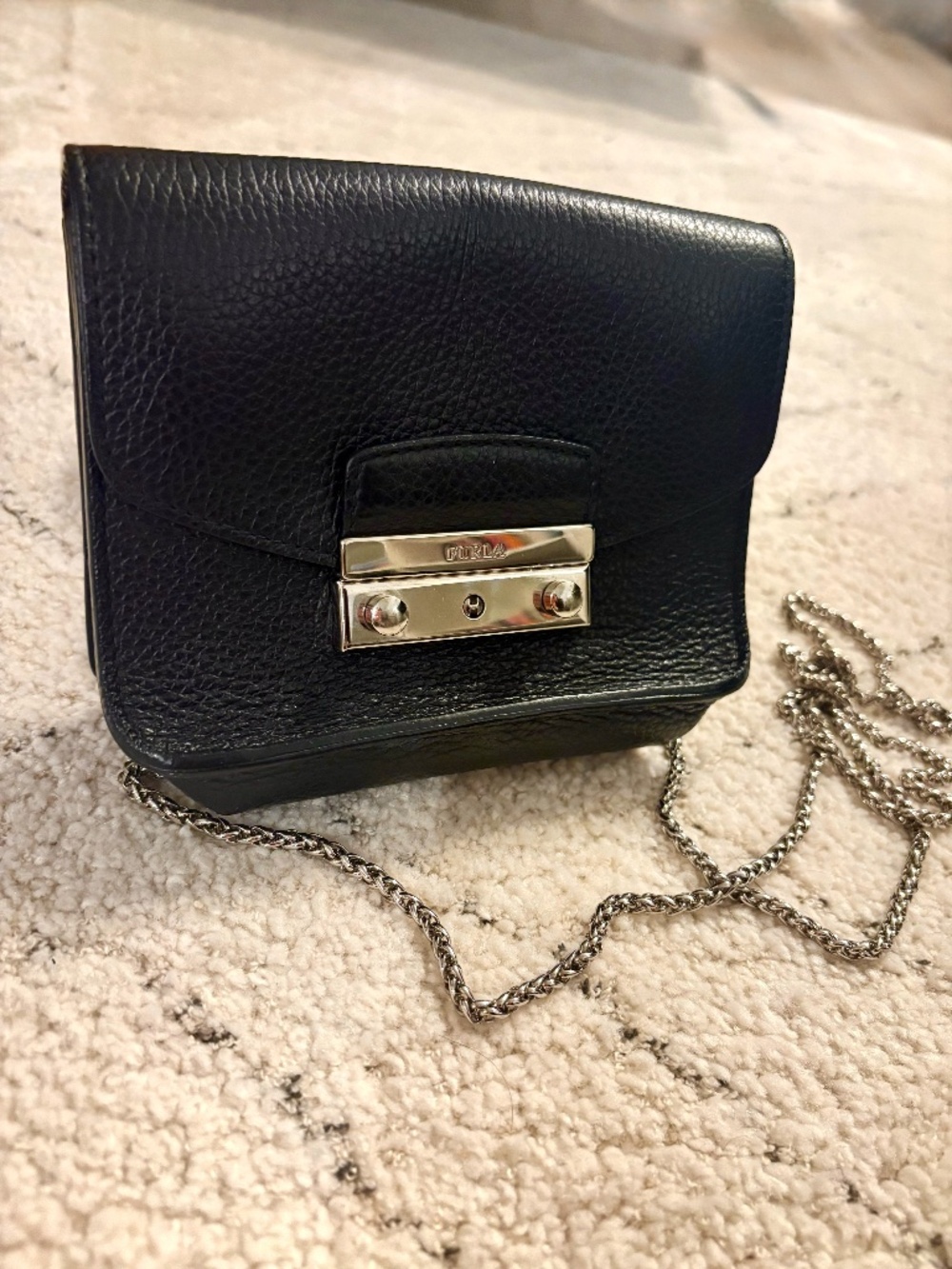 Furla Mini Black Leather Chain Crossbody Bag
